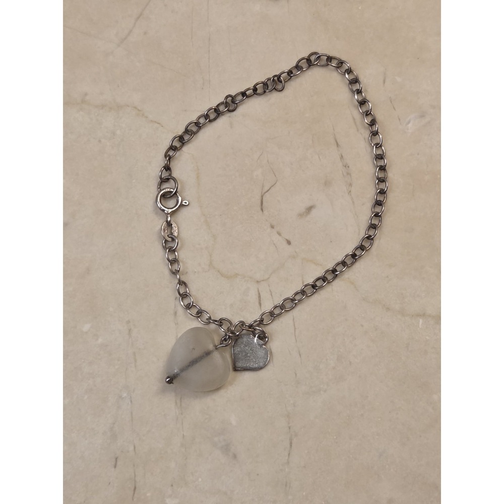 Vintage Sterling Silver Charm Bracelet Quartz & Sterling Heart Charms 7.5"‎